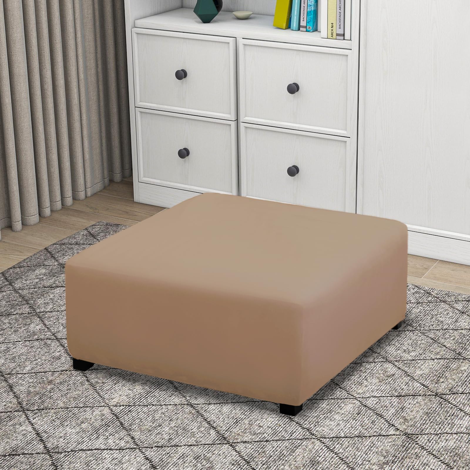 Purefit Super Stretch Form Fit Square Ottoman Cover Rectangle - Ottoman Slipcovers For Foot Stool & Folding Storage Furniture For Living Room With Nonslip Elastic Bottom (Medium-Xl, Camel)